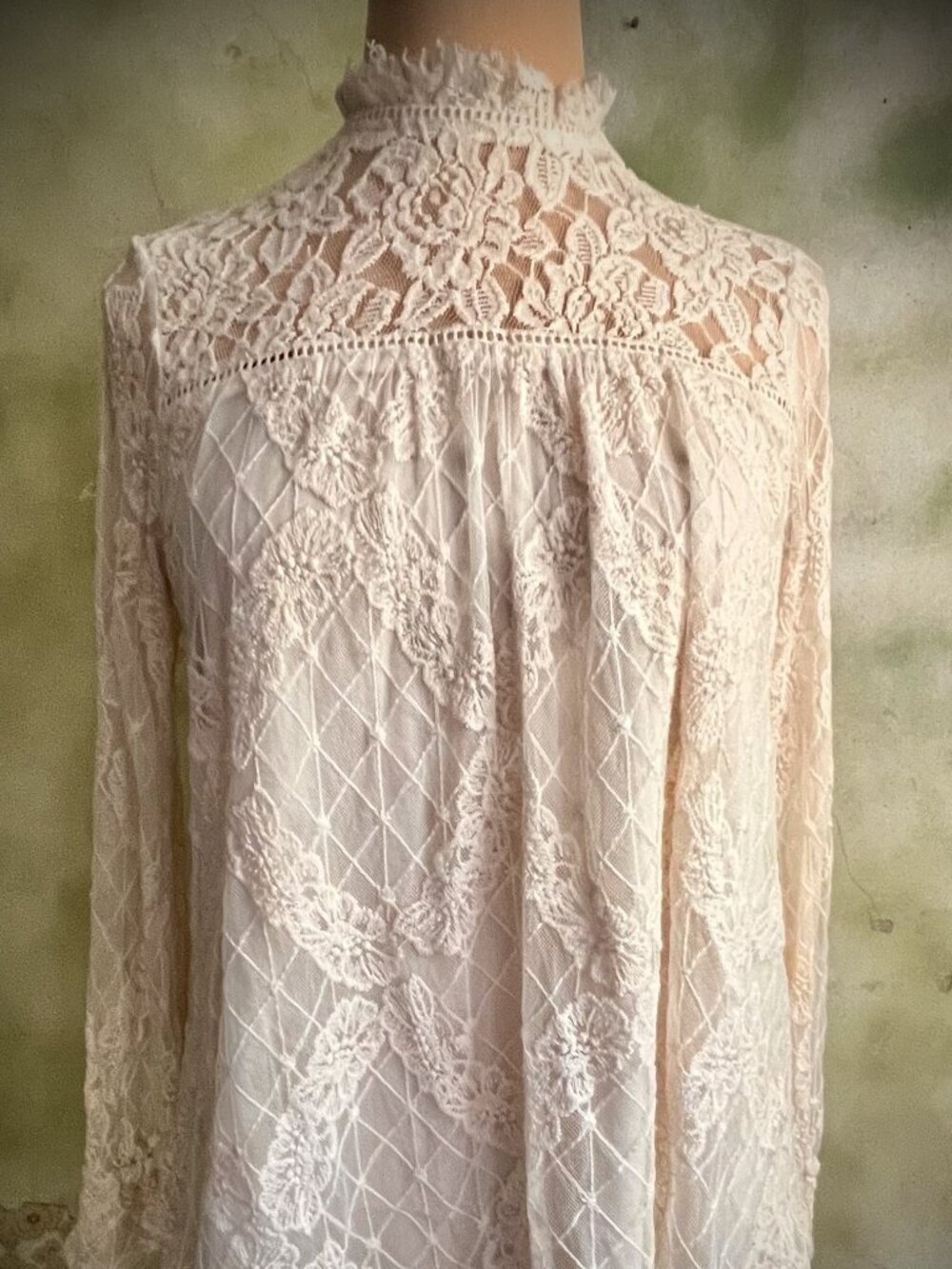 Cream Ivory Lace High Neck Blouse Size Small Romantic Boho Sheer Top
